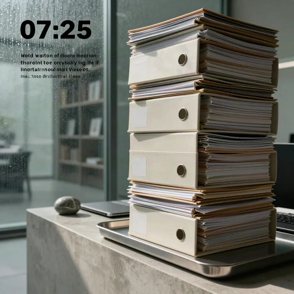 Cartelle archivio e raccoglitori in un ufficio moderno, ripresi dal basso con luce dopo la pioggia.