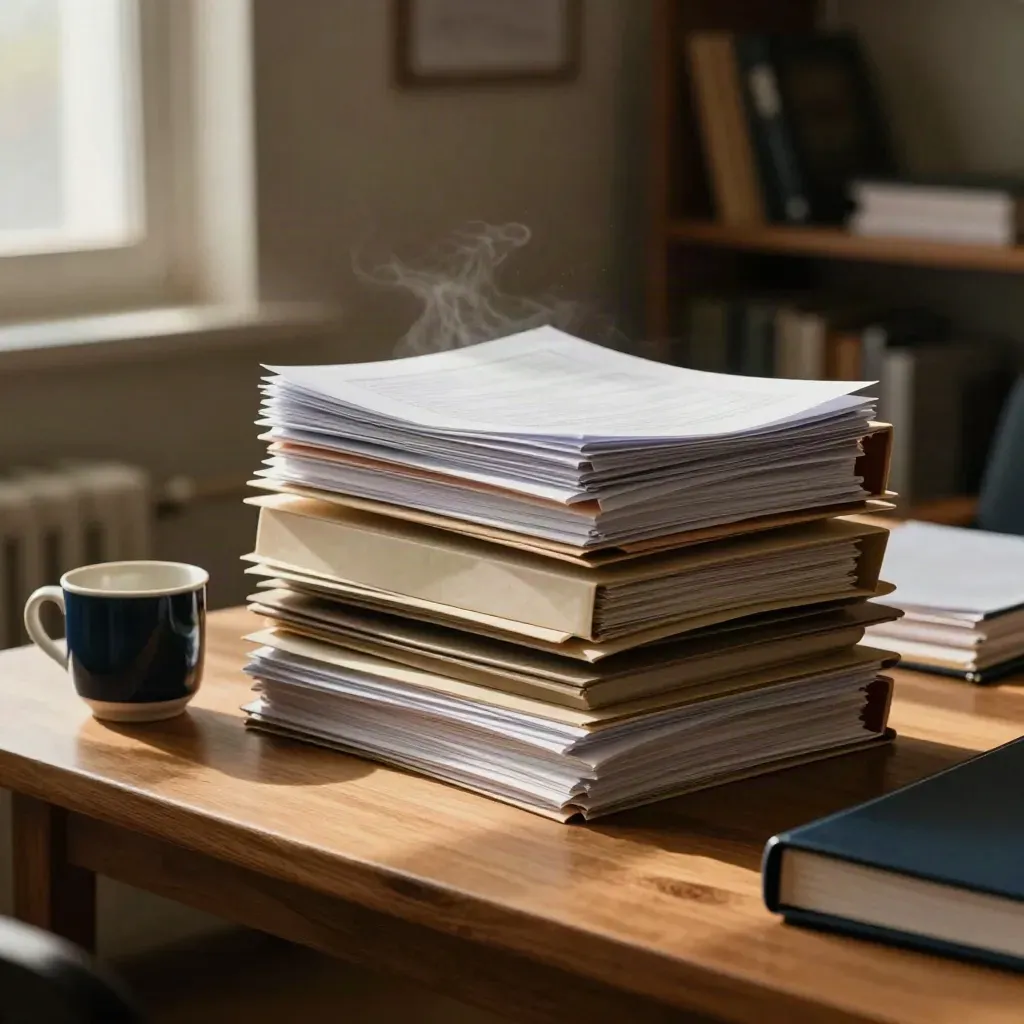 Ufficio SME con fascicoli audit ordinati, tazza in ceramica e luce calda.