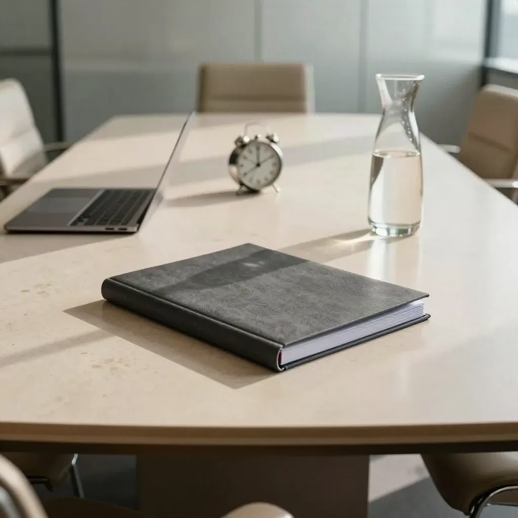 Sala riunioni con raccoglitore report, laptop chiuso, orologio argentato e caraffa in luce morbida.