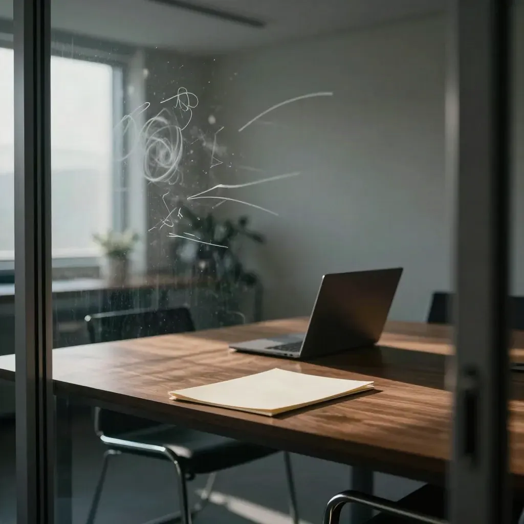 Sala riunioni in vetro con lavagna segnata, cartellina e laptop chiuso, luce fredda diagonale.