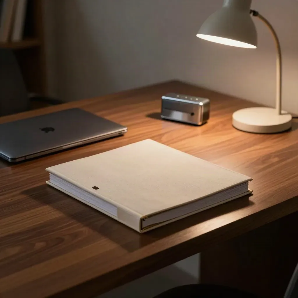 Scrivania serale con raccoglitore avorio, laptop chiuso, timer cromato e lampada sottile.