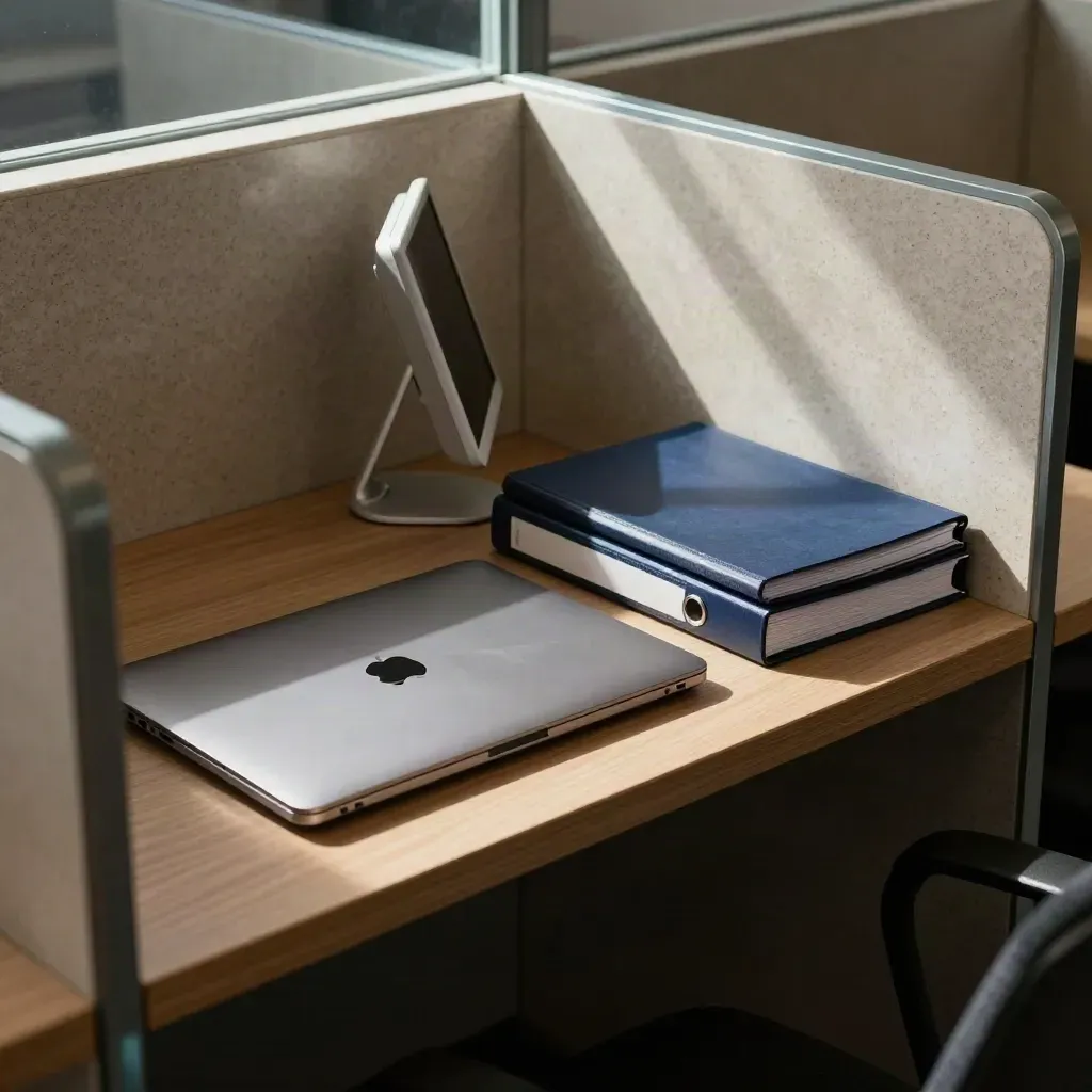 Angolo coworking con laptop chiuso, monitor portatile e due raccoglitori, luce di mezzogiorno.