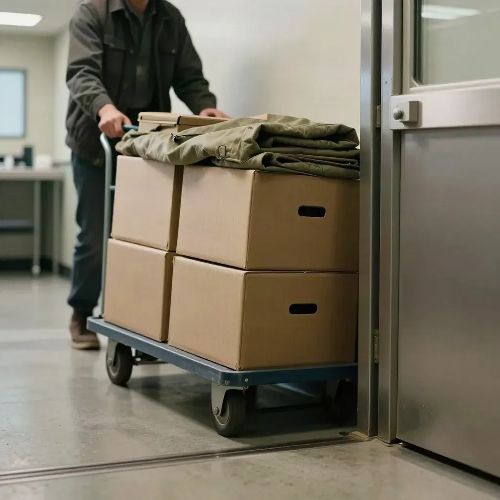 Carrello archivio in corsa accanto a una porta di servizio, luce fresca e scatole neutre.