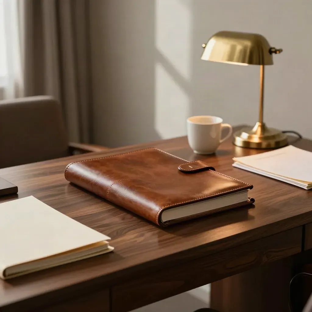 Scrivania in noce con registro in pelle, lampada in ottone e tazza crema in luce di finestra.
