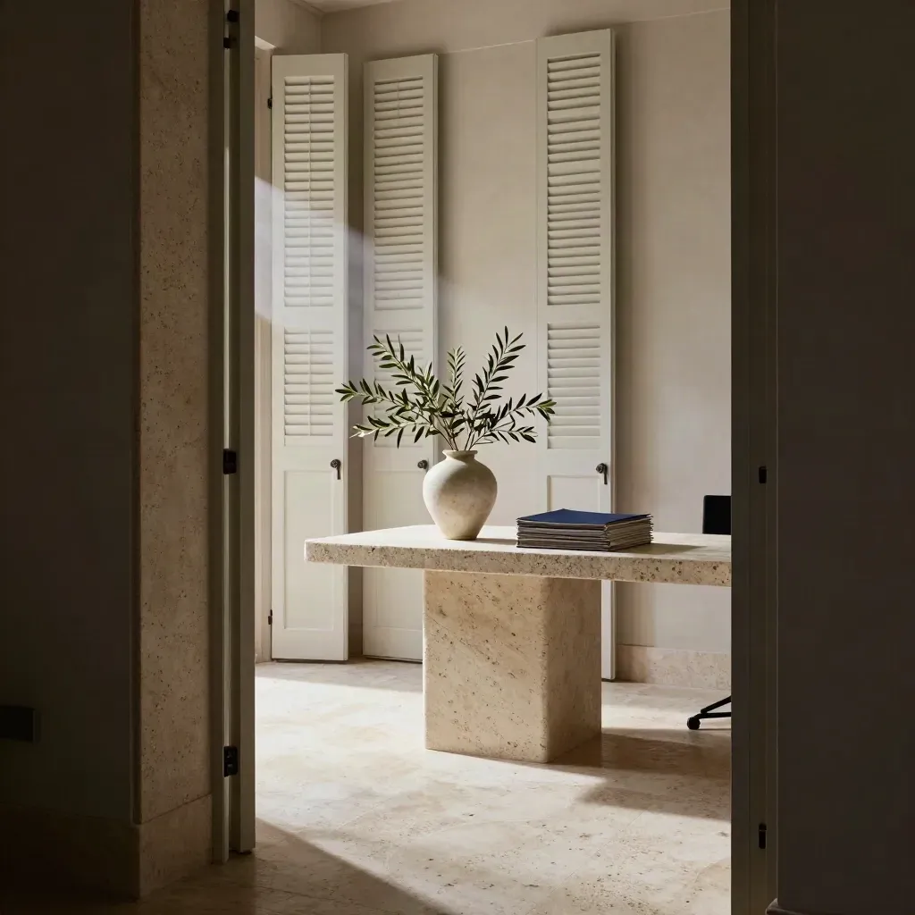 Interno d’ufficio in travertino con persiane alte, ramo d’ulivo e cartelle su console.