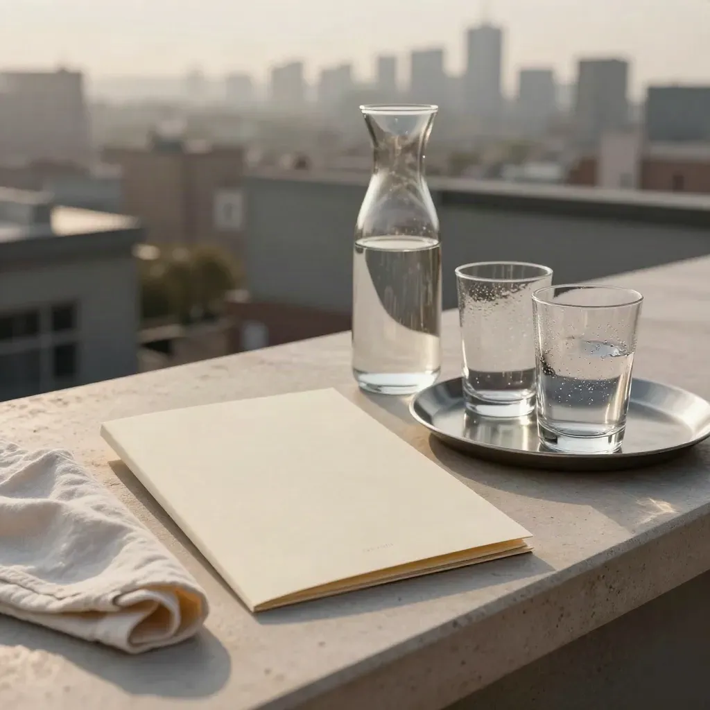 Pacchetto report, caraffa e due tumbler su rooftop con skyline sfocato.